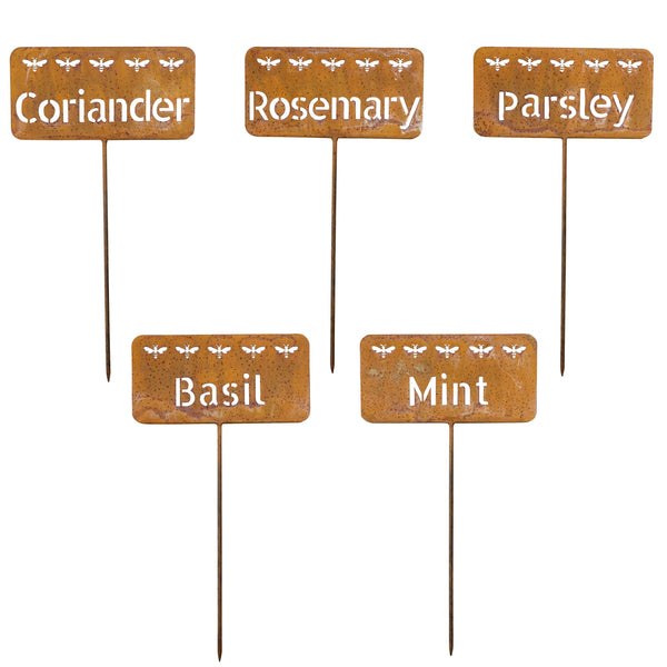 SET OF 5 RUST METAL HERB STAKES