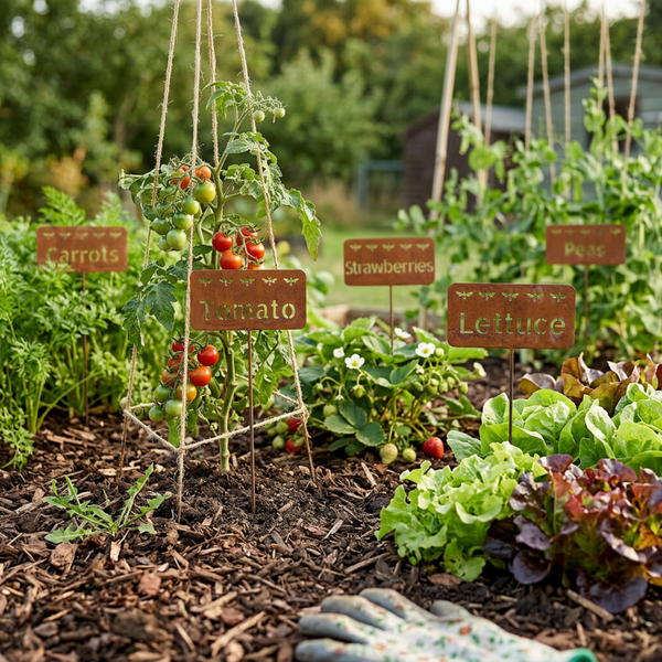 SET OF 5 VEGETABLE METAL RUST STAKES