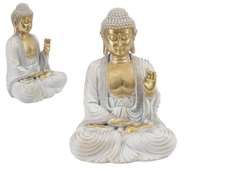 SITTING RULAI BUDDHA WHITE & GOLD STATUE 21CM