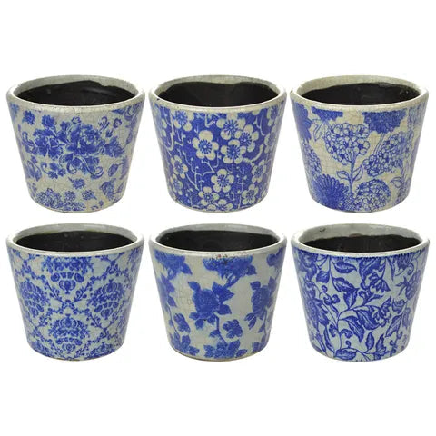 VINTAGE ROUND BLUE & WHITE CERAMIC PLANTER Sydney's Plant Market