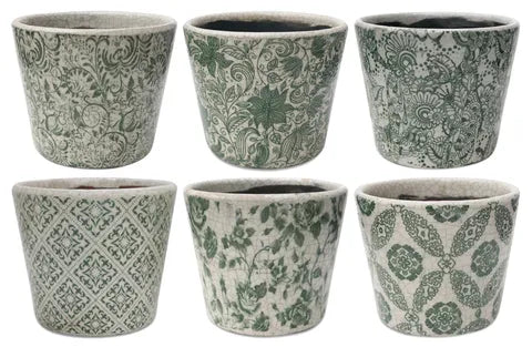 VINTAGE FLORAL POT 14X12CM WHITE/GREEN Sydney's Plant Market