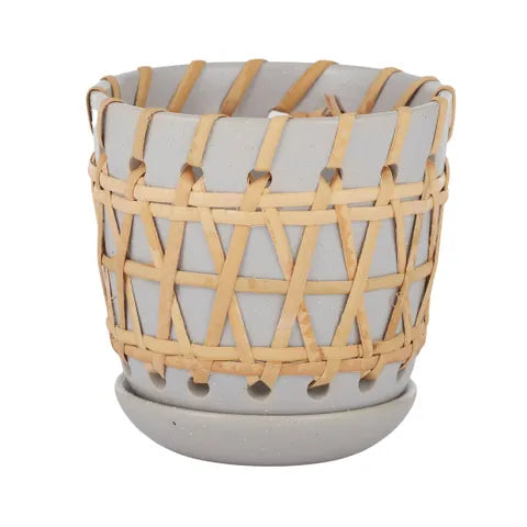 ARMAN CERAMIC/RATTAN POT 14X13CM GREY Sydney's Plant Market
