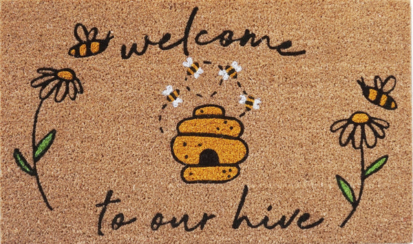 Welcome To Our Hive Doormat Black & Yellow 45x75cm H1.5x45x75cm Sydney's Plant Market