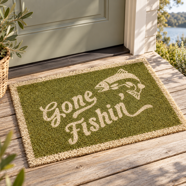 GONE FISHIN' PVC BACK MAT 40X60CM SAGE