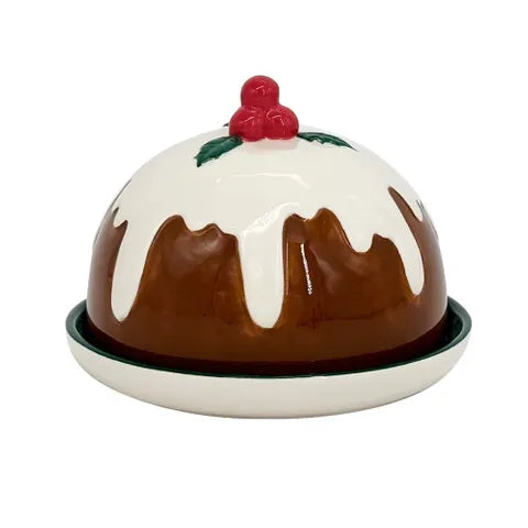 CHRISTMAS PUD BUTTER DISH 15X10CM MUL