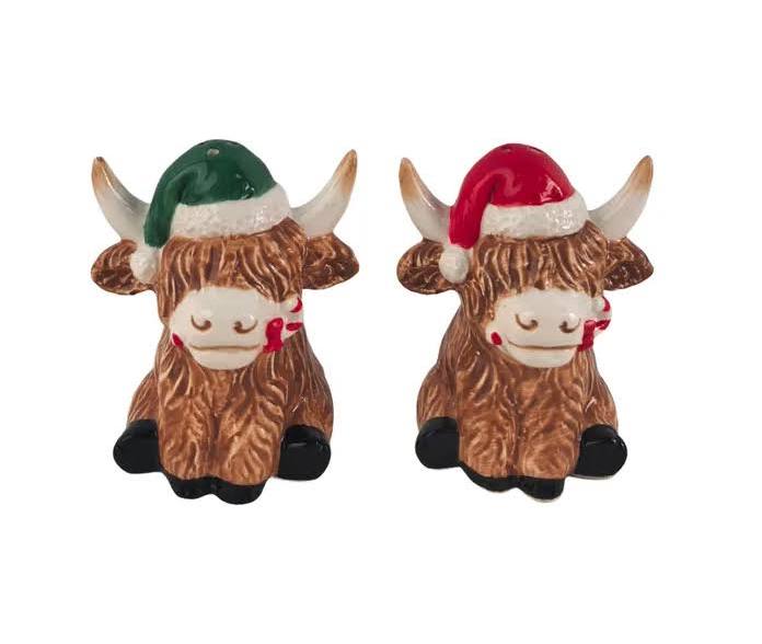 CHRISTMAS HIGHLAND COW S&P SHAKER SET