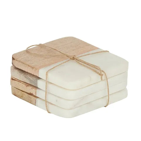S/4 MARBLE/WOOD COASTERS 10X10CM-WHT/NAT Sydney's Plant Market